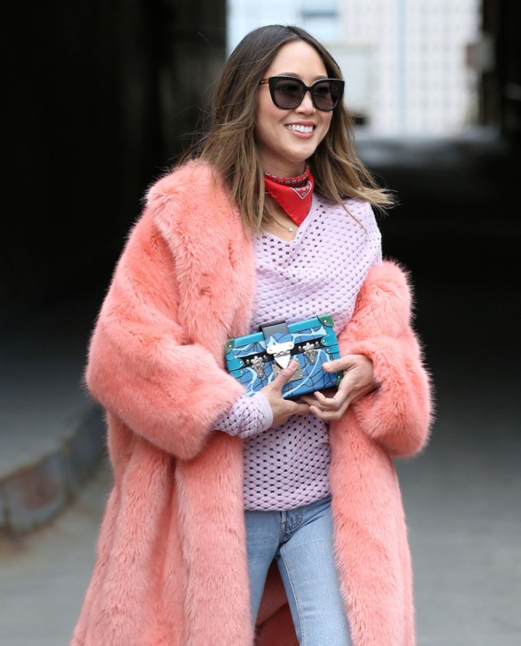 Aimee Song - Louis Vuitton petite malle clutch - pink fur coat - purseblog.com